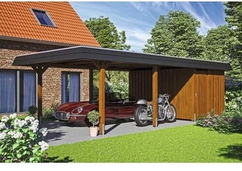 Skan Holz Einzelcarport Wendland schwarze Blende inkl. Abstellraum EPDM Folie Pfostenanker 409 x 870 cm nussbaum