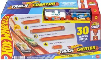 Hot Wheels Hot Wheels Spielzeugauto-Trackset Track Creator Deluxe-Set und 2 Die-Cast-Fahrzeuge im Maßstab 1:64 Track-Schnellstecksystem von insgesamt ca. 7,5 Metern mit verschiedenen Längen JDW42