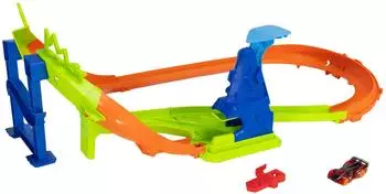 Hot Wheels Stunt Tracks Sprung-Rennstrecke 1:64 mit 180-Grad-Kurve (JHK74)