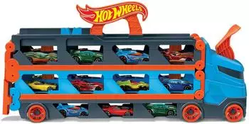 Hot Wheels 2-in-1 Rennbahn-Transporter zur Aufbewahrung mit 3 Fahrzeugen (GVG37)