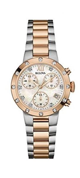 BULOVA Damenarmbanduhr Chronograph Edelstahl Bicolor Diamond 98W210