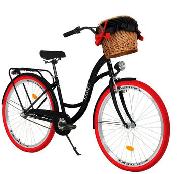 Milord Bikes Comfort Bicycle With Basket, Women's Bicycle 3-speed Shimano (Black-Red)