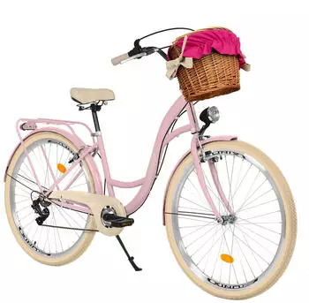 Milord Bikes Comfort Bicycle With Basket, Women's Bicycle 7-speed Shimano (Pink-Cream)