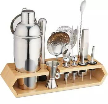 Relaxdays Cocktail-Set 16-teilig mit Ständer, Edelstahl/Bambus
