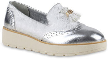 Stiefelparadies Slipper Loafers Profilsohle Plateau Quasten Schuhe Metallic 814152 silber