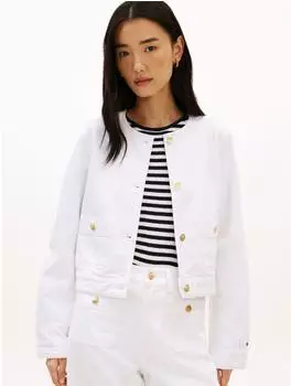 Tommy Hilfiger Kragenlos mit goldfarbenen Kn&ouml;pfen Jeansjacke optic white (Damen) (WW0WW48591YCF)