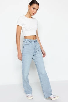 Trendyol Gerade Jeans hoher Taille blau