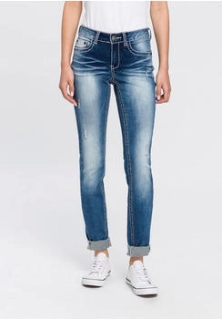 Arizona Jeans Skinny-fit-Jeans Kontrastnähten und Pattentaschen lange Beinform Destroyed-Effekten niedrige Leibhöhe