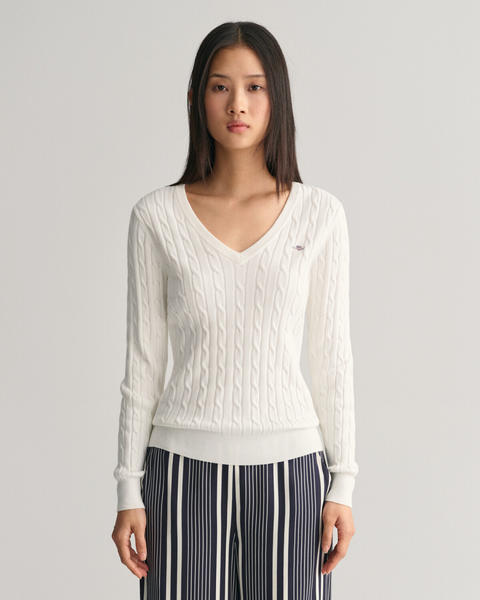 GANT Zopfstrick V-Neck Pullover aus Stretch-Baumwolle (4800101) beige/weiß