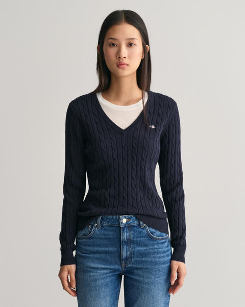 GANT Zopfstrick V-Neck Pullover aus Stretch-Baumwolle (4800101) blau
