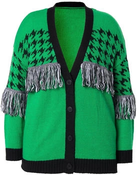 Angel of Style Strickjacke Hahnentritt Fransen langarm grün