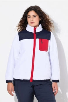 Ulla Popken Sweatjacke Teddyfleece-Jacke Patches Stehkragen 2-Wege-Zipper schneeweiß