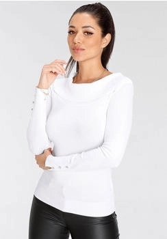 Melrose by Baur Carmenpullover MELROSE wei&szlig; Feinstrick 70% Viskose 30% Polyamid figurbetont h&uuml;ftlang Carmenausschnitt Langarm Schlitz Kn&ouml;pfen