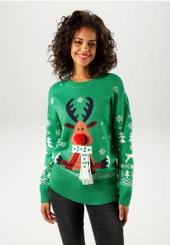 Aniston Weihnachtspullover Bommel-Nase und Fransenschal grün weiß hellbraun rost marine