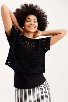 Monari Ajour-Kurzarm-Pullover Lurex schwarz