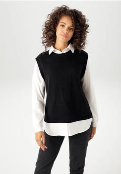 Aniston Strickpullover Bluseneinsatz schwarz weiß