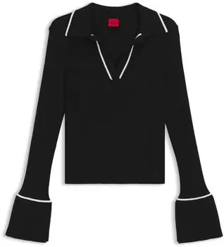 HUGO Strickpullover mit Polokragen und kontrastfarbenen Paspeln Style Samur 50554077 Schwarz