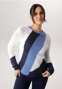 Aniston Strickpullover mit Rollkante am Rundhalsausschnitt blau/navy/weiß