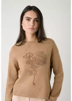 More & More Rundhalspullover mit Blumenapplikation beige