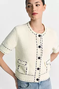 Rich & Royal Strickjacke kontrastfarbene Details kurzarm Rundhals (2512-150) pearl white