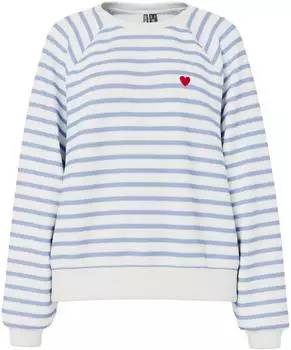 Pieces PCGRETA LS EMB UB SWEAT FC Sweatshirt Regular Fit (17128390) cloud dancer stripes:hydrangea/hellblau/rot/weiß