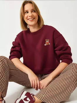Bianco Lucci Bestickter Rundhals-Pullover hellbraun/rubinrot/weiß