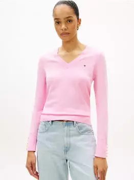 Tommy Hilfiger Cardi Stitch V-NK LS Strickpullover mit Logo-Stickerei (WW0WW40098) rosa