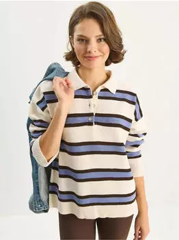 Bianco Lucci Polo Collar Langarm-Strickpullover mit Knopfleiste (MHUX7W5M01CD) rauchblau/tanne/weiß