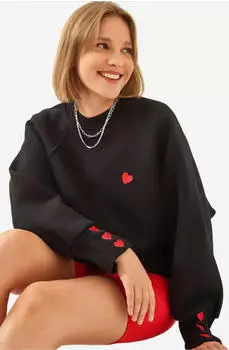 Bianco Lucci Besticktes Rundhals Langarm-Sweatshirt Oversized rot/schwarz