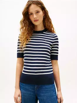Tommy Hilfiger CO Jersey Fine GG C-NK SS SWT Kurzarmpullover Feinstrick Regular Fit (WW0WW49705) blau