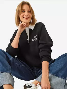Bianco Lucci Besticktes Polo-Kragen Langarm-Sweatshirt mit lockerer Passform schwarz/weiß