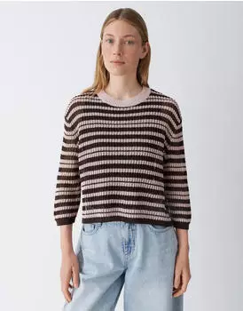 Opus Pairy Regular Kurzarmstricker mit Streifenmuster (10538814013422) rosa/dunkelbraun