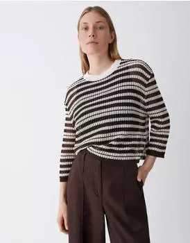 Opus Pairy Regular Kurzarmstricker mit Streifenmuster weiß/dunkelbraun