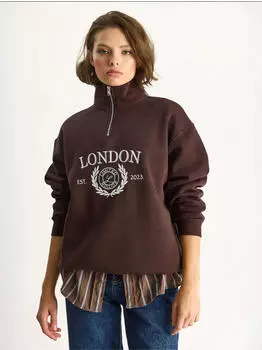 Bianco Lucci Bedrucktes Relaxed Fit Sweatshirt mit Reißverschlusskragen (MGICIXQL020C) schoko/weiß