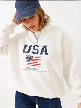 Bianco Lucci Bedrucktes Relaxed Fit Sweatshirt mit Reißverschlusskragen blau/dunkelrot/weiß