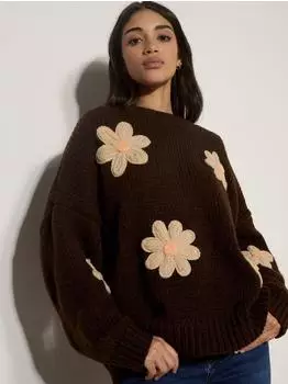 Apricot Chunky Knit Flower Applique Jumper braun