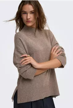 Only ONLMARY LS HIGH NECK SLIT KNT NOOS Strickpullover Regular Fit (15379251) shaved chocolate/braunmeliert