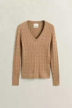 GANT Zopfstrick V-Neck Pullover aus Stretch-Baumwolle warm khaki