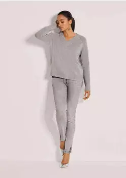 Madeleine Kaschmirpullover mit V-Ausschnitt, Raglanärmeln, Strickmuster & Pailletten (60591003400340) silbergrau/melange/silberfarben