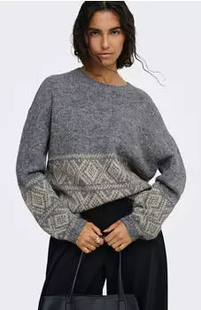 Jacqueline de Yong DINA L/S ON FAROE ISLAND PULLOVE KNT Strickpullover (28673926) dark grey melange detail:w. oatmeal faroe jacq.