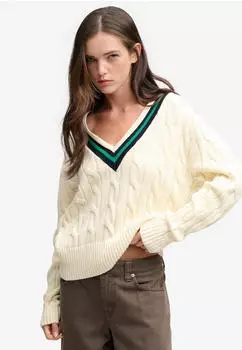 Superdry Classic Cable Cricket Knit Loose Fit V-Ausschnitt-Pullover (37308903) dusty ecru