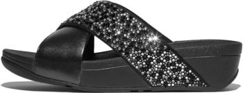 FitWear Lulu Crystal-Mix Metallic Cross Slides All Black