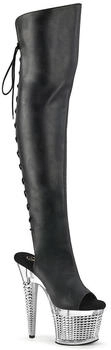 Pleaser Plateauoverkneestiefel schwarz Matt silber Chrom