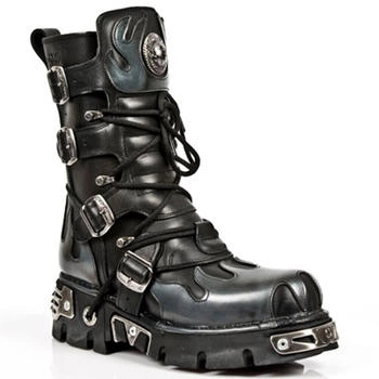 New Rock Flame Akzentuierte schwarz silberne Lederstiefel-591-S2