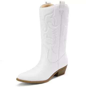 Dream Pairs DWUMKB2501 Knee-High Western Boots with Block Heel, Pointed Toe and Zipper weiß
