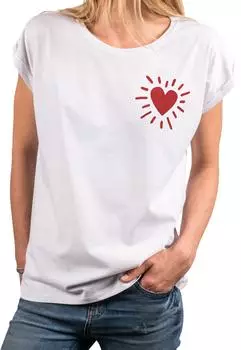 MAKAYA Print-Shirt Damen Kurzarm Baumwolle Herz Motiv