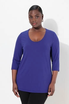 Ulla Popken T-Shirt tiefer Rundhalsausschnitt Arm tintenblau
