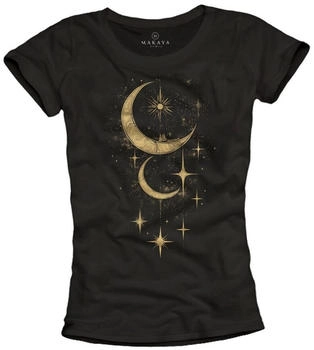 MAKAYA Damen Kurzarm T-Shirt Mond Sonne Sterne schwarz