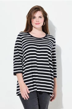 Ulla Popken T-Shirt Ringel A-Linie Rundhals Zierfalten 4-Arm schwarz