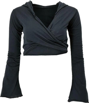 Guru-Shop Wickeltop Yogatop Langarmshirt Trompetenärmel schwarz
